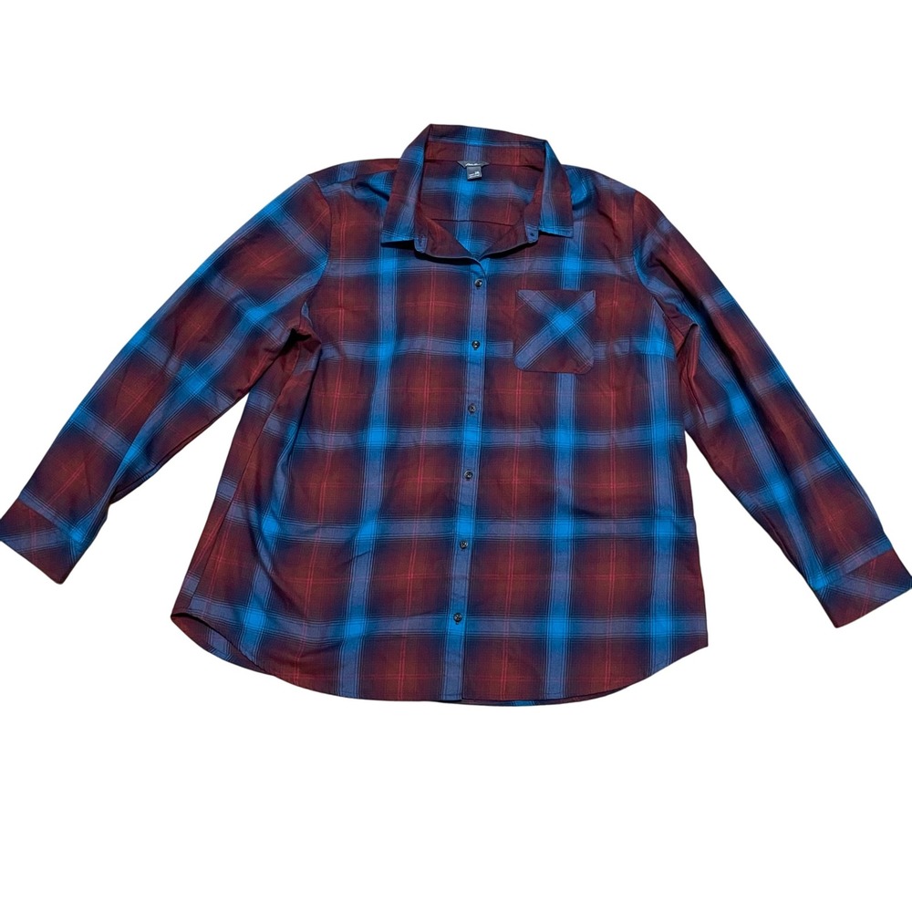 Eddie Bauer Womens 2XL Blue Red‎ Plaid Flannel Long Sleeve Button Down Shirt